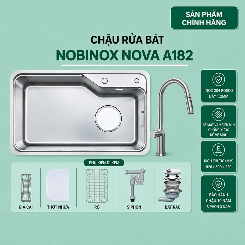 Chậu rửa 1 hố Nobinox NOVA  A182 | HÀNG CHÍNH HÃNG