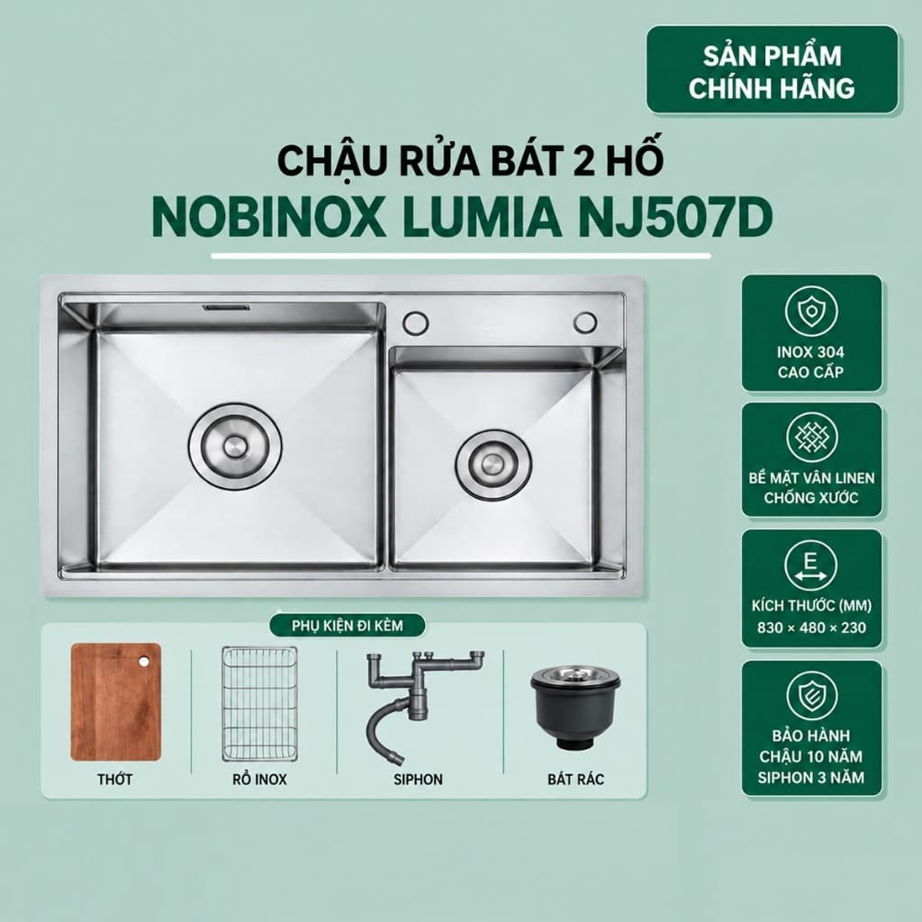 CHẬU RỬA BÁT 2 HỐ NOBINOX LUMIA NJ507D