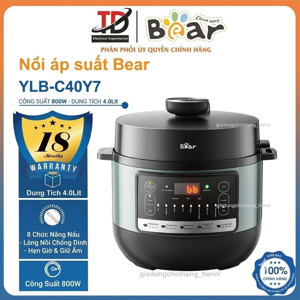 Nồi Áp Suất Bear YLB-C40Y7, 4Lit - 800W, 8 Chức Năng Hầm Ninh Nấu Cháo Giữ Ấm Hẹn Giờ, Hàng Chính Hãng