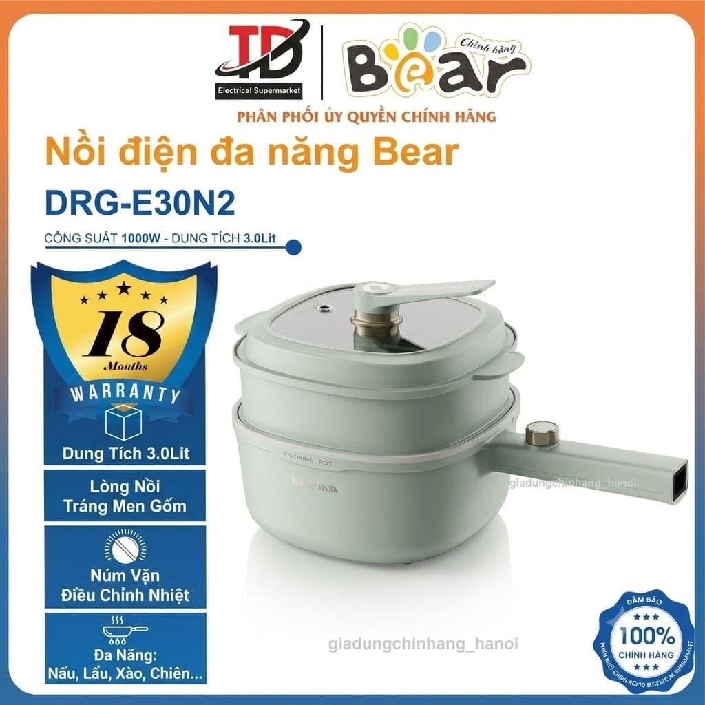 Nồi Điện Đa Năng Bear DRG-E30N2, 3Lit 2 Tầng, Lòng Men Gốm Nồi Lẩu Mini Nấu Xào Chiên Hấp Áp Chảo, Hàng Chính Hãng