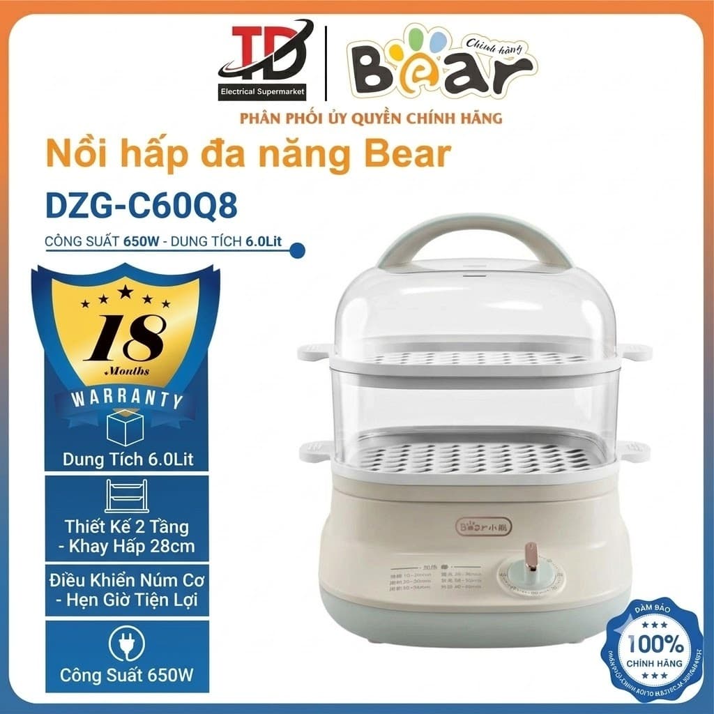 Nồi Hấp Đa Năng Bear DZG-C60Q8, 6L-650W, 2 Tầng Khay 28cm Hẹn Giờ Tự Ngắt Khi Thiếu Nước, Hàng Chính Hãng