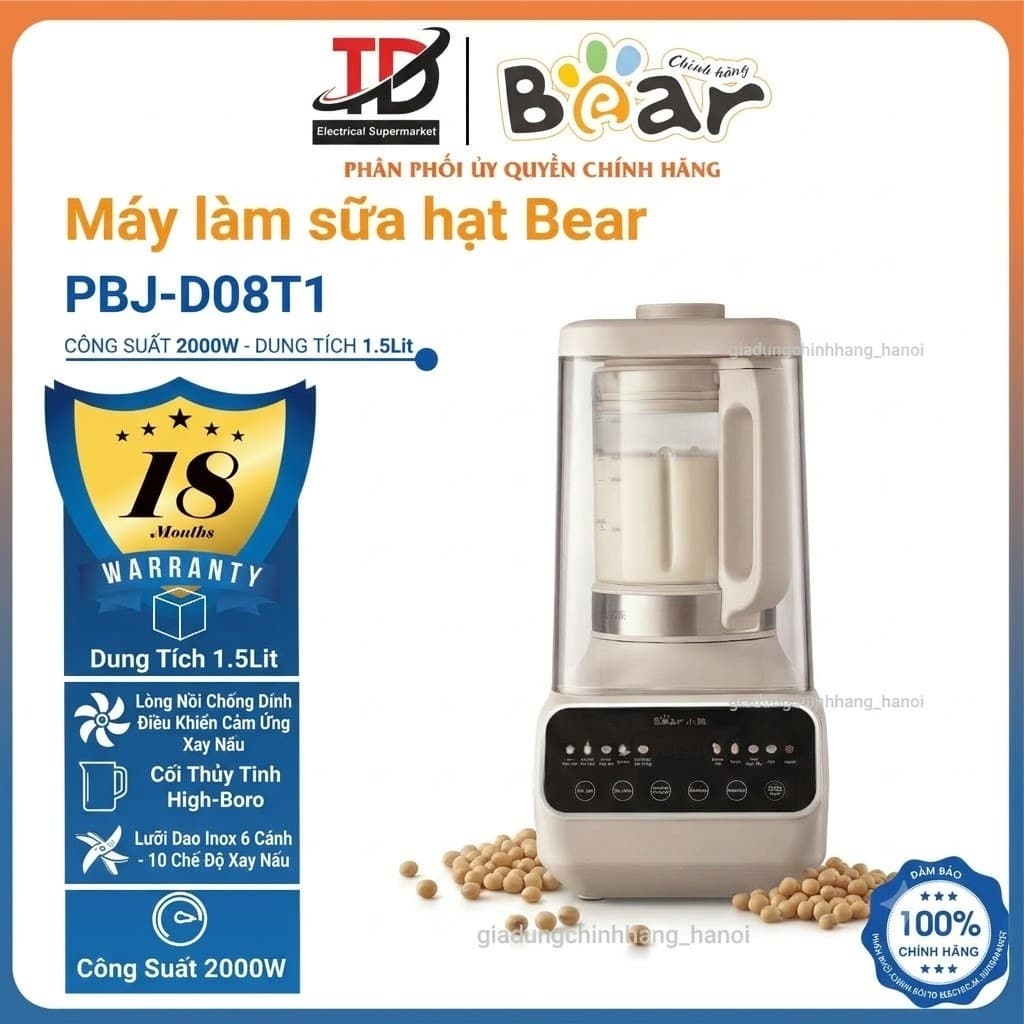 Máy Làm Sữa Hạt Bear PBJ-D08T1, 1.5L-2000W, 10 Chức Năng Có Nắp Chụp Chống Ồn, Hàng Chính Hãng