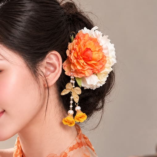 Kẹp Tóc Hoa Cam Trắng Bản Lớn Đính Bướm Ngọc Trai – Kẹp Hoa Cài Tóc Áo Dài, Cổ Trang Nữ