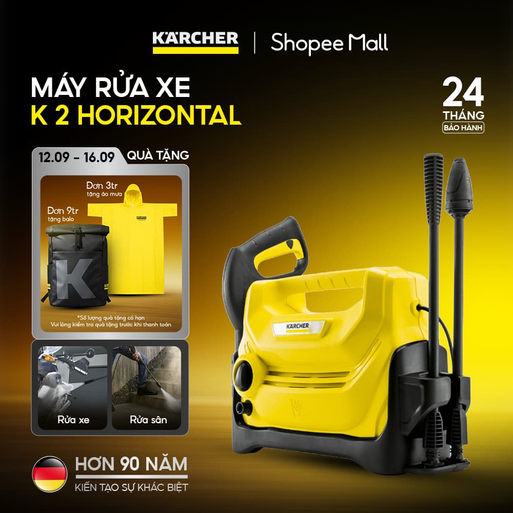 Máy phun rửa áp lực cao Karcher K 2 Horizontal động cơ chổi than, áp lực 110 bar và đã bao gồm dây cấp nước