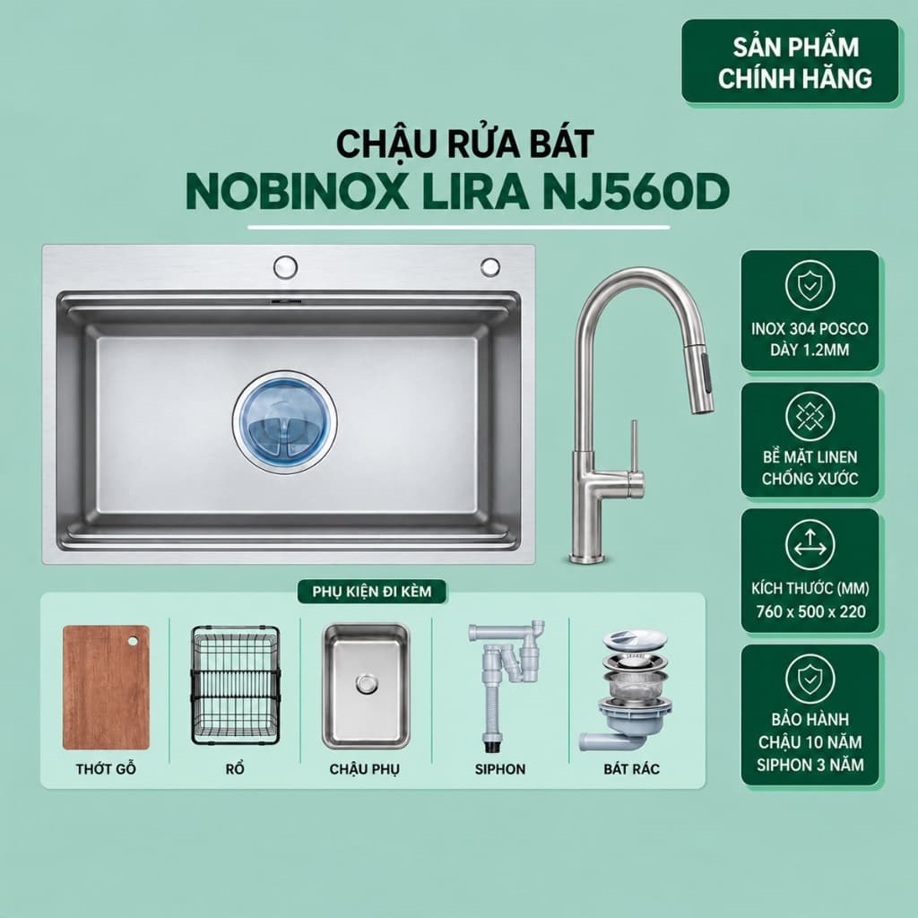 CHẬU RỬA BÁT NOBINOX LIRA NJ560D | Hàng chính hãng | BH 10 NĂM
