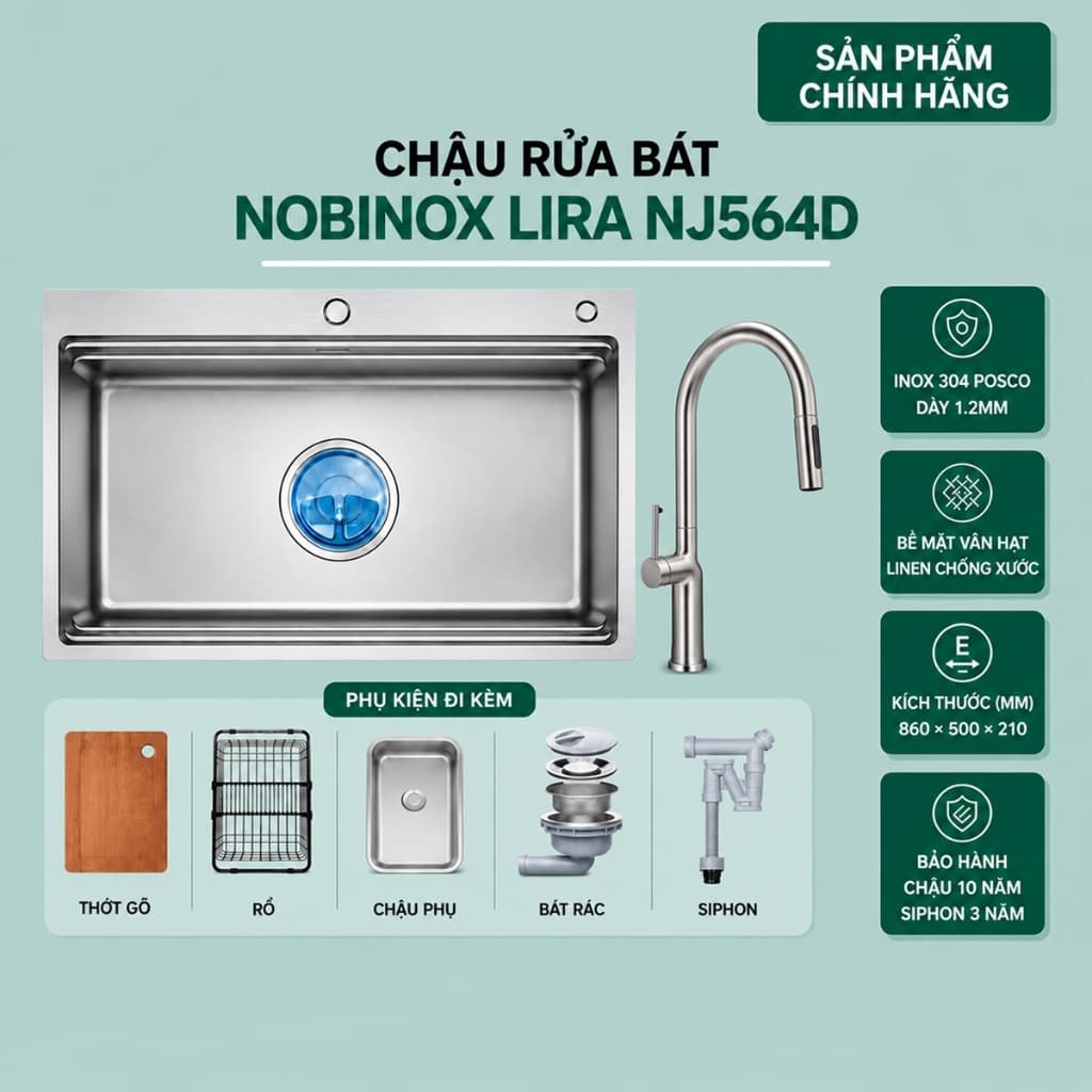 CHẬU RỬA BÁT NOBINOX LIRA NJ564D | Hàng chính hãng