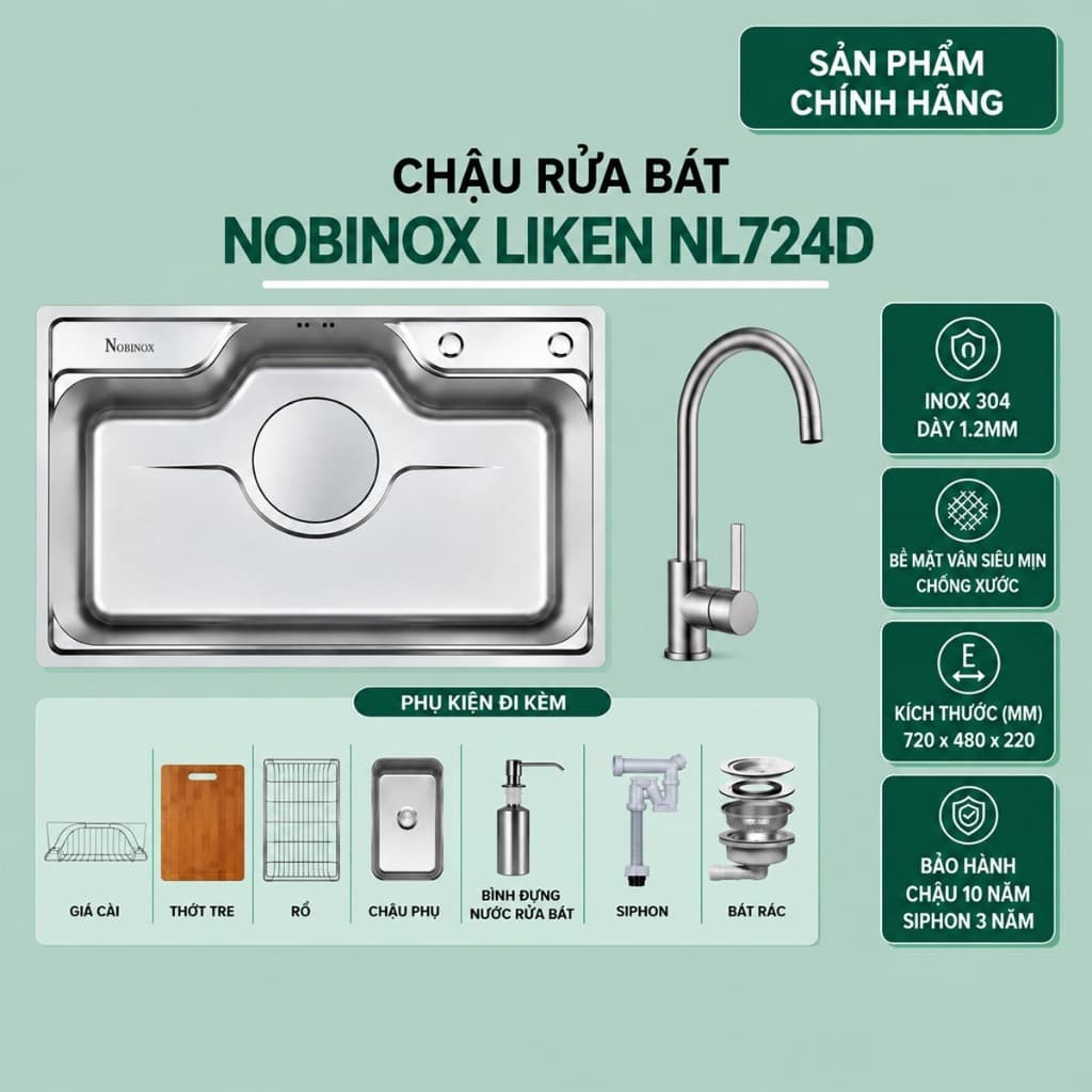 CHẬU RỬA BÁT 1 HỐ NOBINOX LIKEN NL724D | KÍCH THƯỚC 72X48CM | BỀ MẶT MỊN | Hàng chính hãng