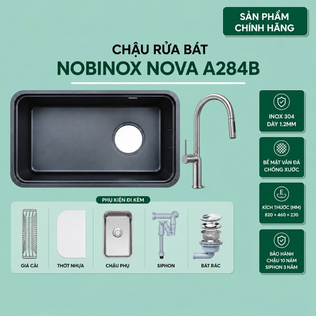 CHẬU RỬA BÁT 1 HỐ NOBINOX NOVA A284B