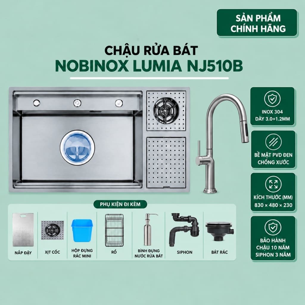 CHẬU RỬA BÁT 1 HỐ NOBINOX LUMIA NJ510B