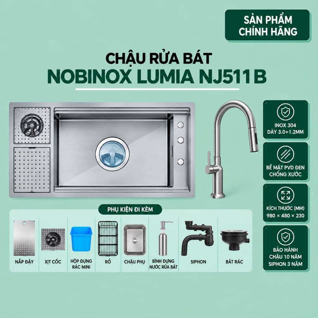 CHẬU RỬA BÁT 1 HỐ NOBINOX LUMIA NJ511B