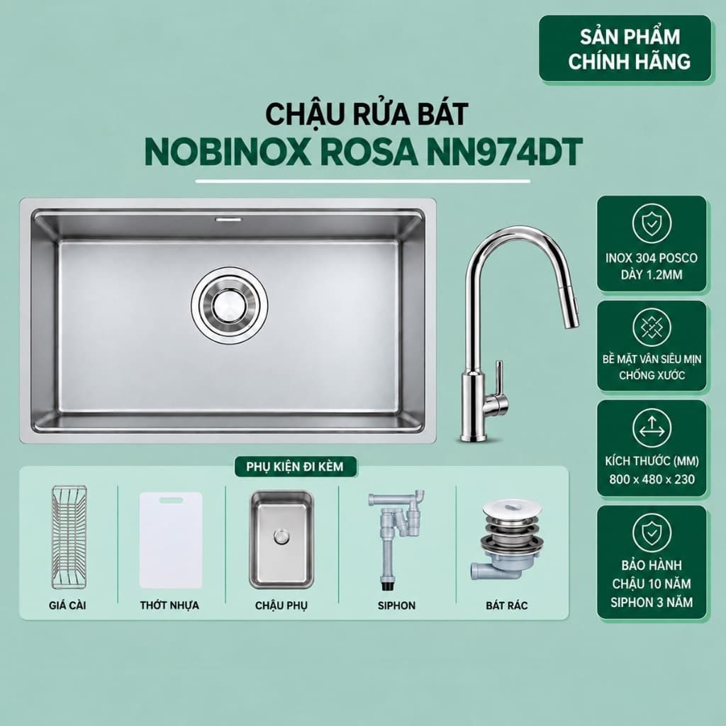 CHẬU RỬA BÁT 1 HỐ NOBINOX ROSA NN974DT | Hàng chính hãng