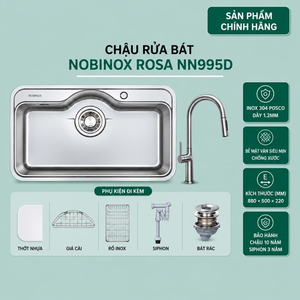 CHẬU RỬA BÁT 1 HỐ NOBINOX ROSA NN995D | Hàng chính hãng