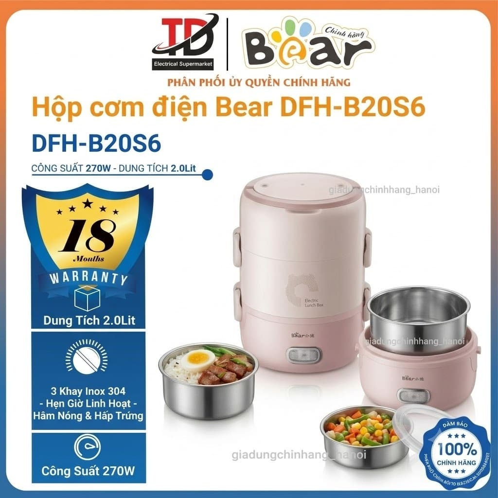HỘP CƠM ĐIỆN BEAR DFH-B20S6, 2Lit - 270W, 3 KHAY INOX 304, HẸN GIỜ, HÂM NÓNG & HẤP TRỨNG