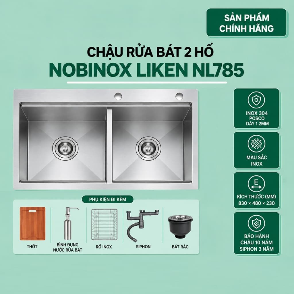 CHẬU RỬA BÁT 2 HỐ NOBINOX LIKEN NL785