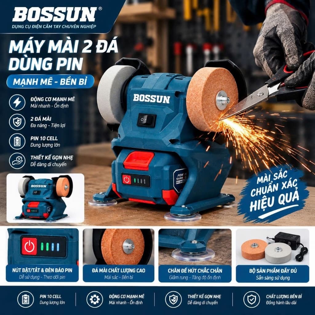 Máy Mài 2 Đá Mini Dùng Pin Bossun BS-G7002, Đường Kính Đá 7cm, Động Cơ Không Chổi Than, Chân Pin Phổ Thông m21 4cm