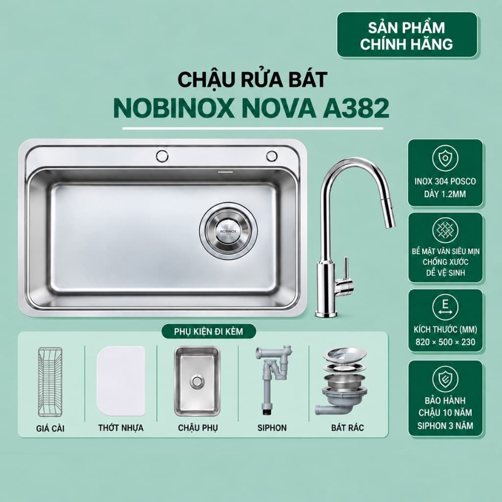 CHẬU RỬA BÁT NOBINOX NOVA A382 | MẪU MỚI 2026