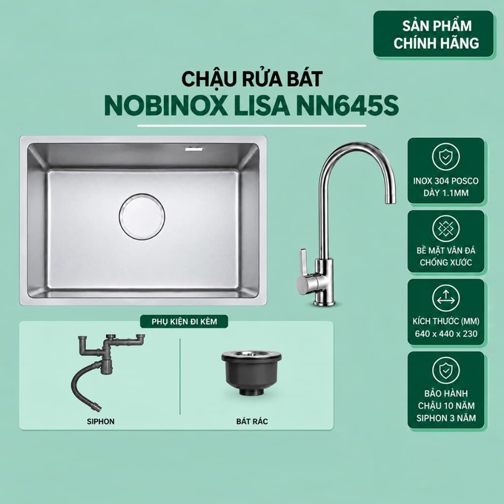 CHẬU RỬA BÁT NOBINOX LISA NN645S | KÍCH THƯỚC 64 X 44CM | HÀNG CHÍNH HÃNG