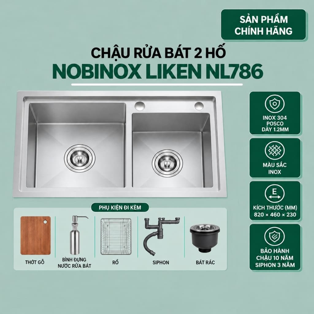 CHẬU RỬA BÁT 2 HỐ NOBINOX LIKEN NL786