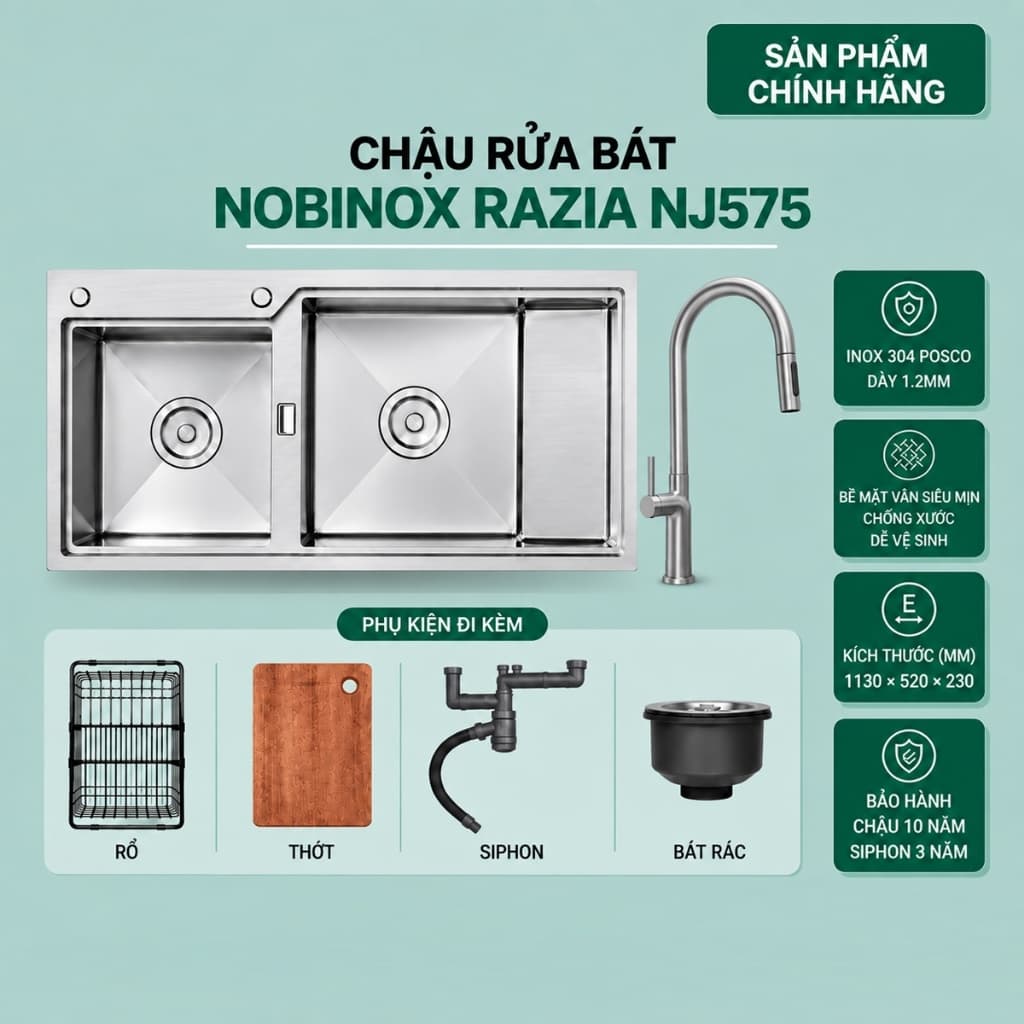 CHẬU RỬA BÁT 2 HỐ NOBINOX RAZIA NJ575