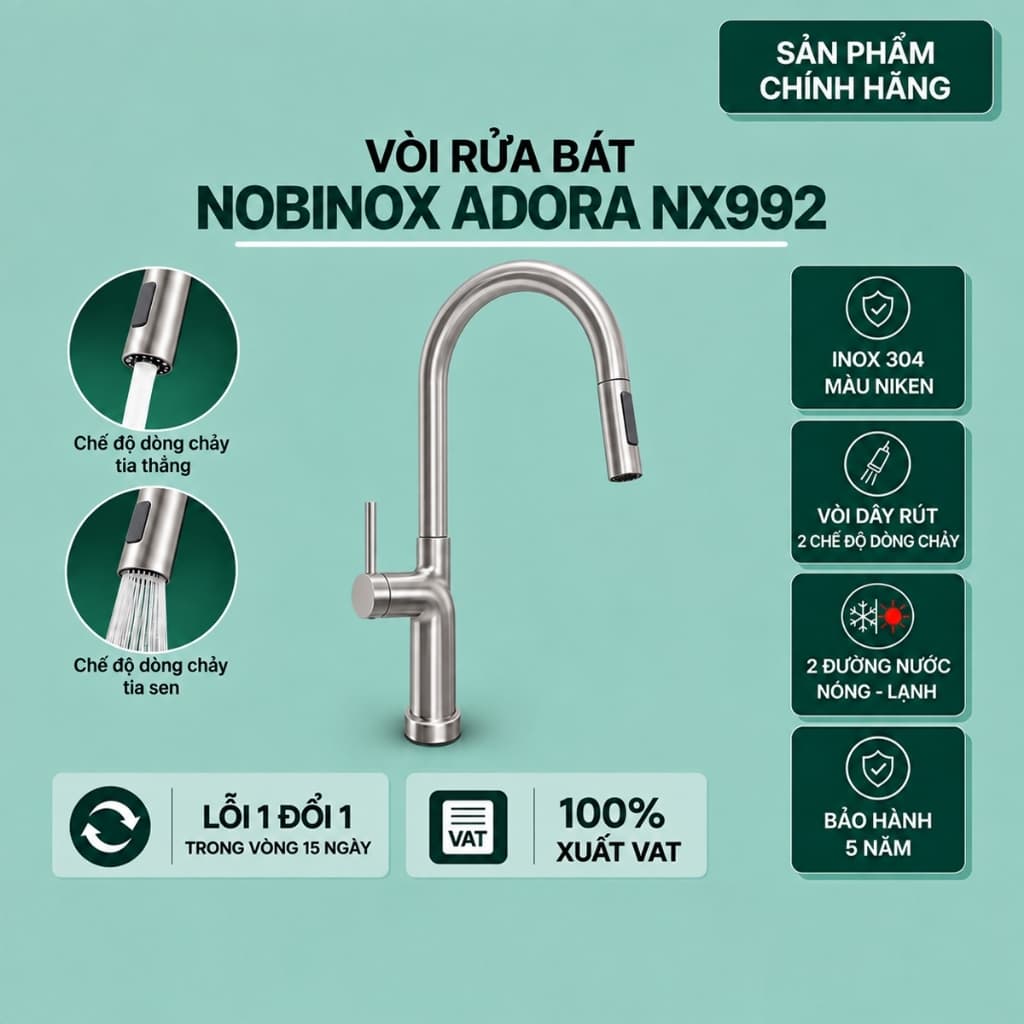 VÒI RỬA BÁT DÂY RÚT NOBINOX ADORA NX992 | Hàng chính hãng
