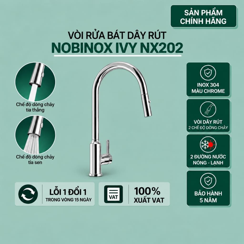 VÒI RỬA BÁT DÂY RÚT NOBINOX IVY NX202 | Hàng chính hãng