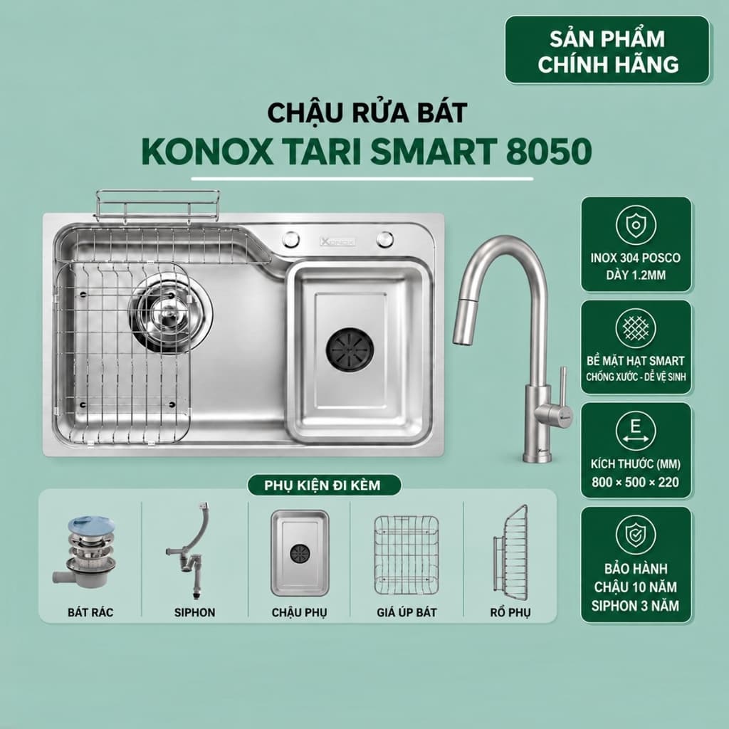 Chậu rửa bát Konox Tari Smart 8050 New 2026