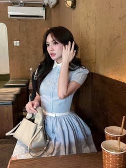 Đầm váy dài, Đầm thiết kế Thêu Hoa phối nút bọc cổ sen thanh lịch chiết eo dáng ngắn cao cấp 2
