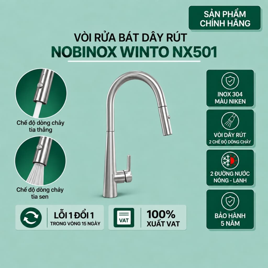 VÒI RỬA BÁT DÂY RÚT NOBINOX WINTO NX501 | Vòi dây rút Nóng Lạnh | Hàng chính hãng