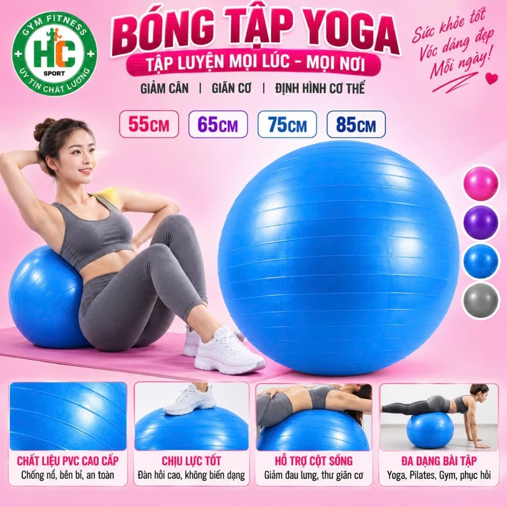 Bóng Tập Gym, Tập Yoga Trơn 65 - 75cm - 85cm Tặng Kèm Bơm Chỉ Có Tại Gym Sport