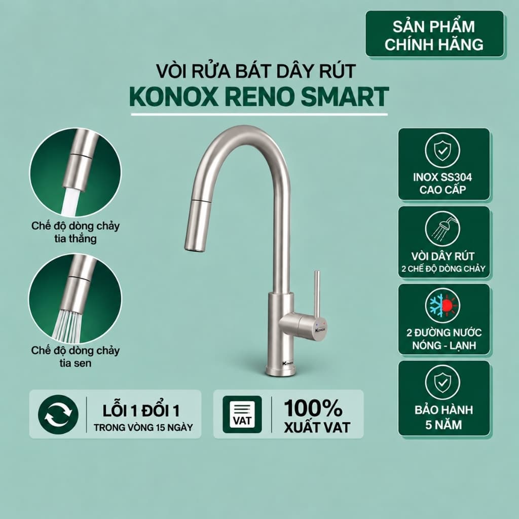 Vòi rửa bát dây rút Konox Reno Smart