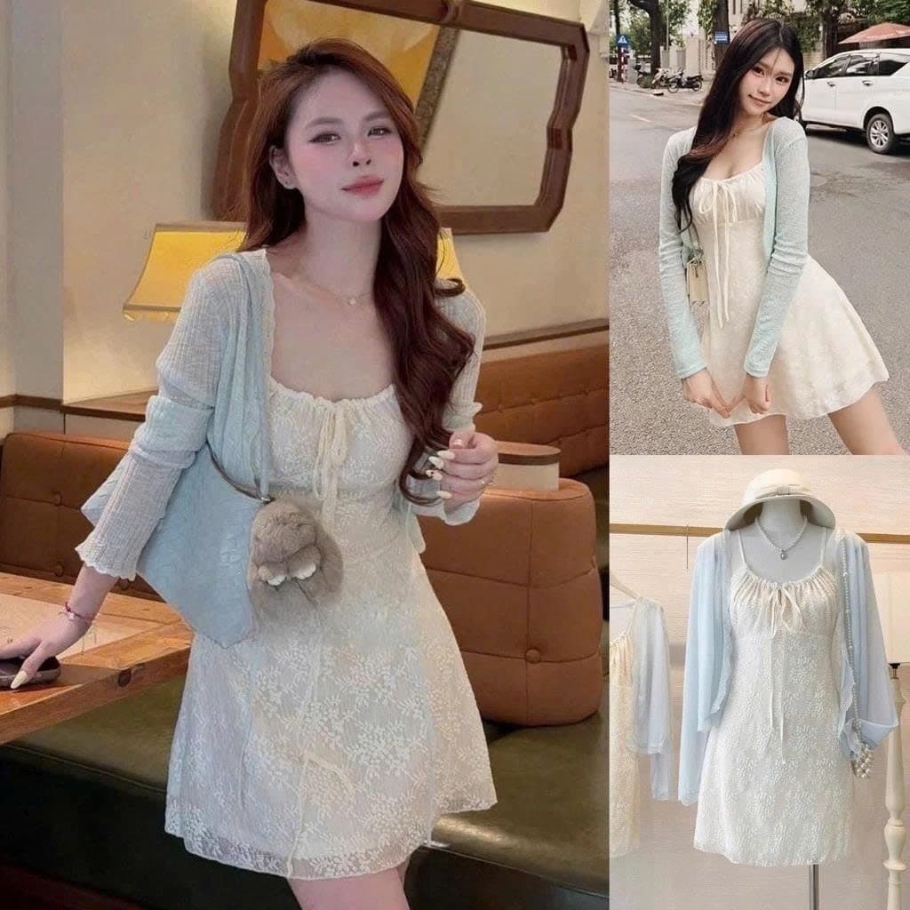 (Kèm Khoác) Set Váy Ren Hoa Mùa Thu Rút Dây Dáng A Phối Áo Khoác