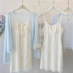 (Kèm Khoác) Set Váy Ren Hoa Mùa Thu Rút Dây Dáng A Phối Áo Khoác 7