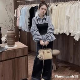 Áo Sơmi Tay Dài Hoạ Tiết Kẻ Sọc Phối Áo Dây Yếm Trẻ Trung Nữ Tính 3