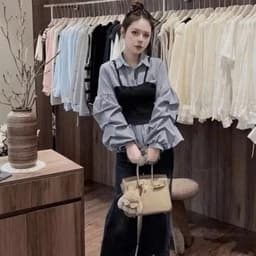 Áo Sơmi Tay Dài Hoạ Tiết Kẻ Sọc Phối Áo Dây Yếm Trẻ Trung Nữ Tính 5