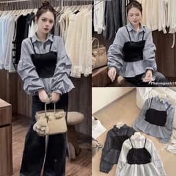 Áo Sơmi Tay Dài Hoạ Tiết Kẻ Sọc Phối Áo Dây Yếm Trẻ Trung Nữ Tính 6