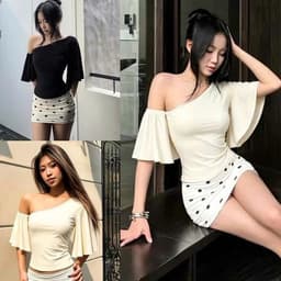 Áo Thun Lệch Vai Tay Loe Ngắn Ôm Tôn Dáng 1