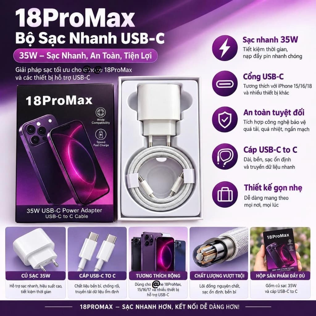 Bộ/ Cốc/ Củ/ Cáp Sạc Nhanh 35W 18ProMax (2 Đầu Type-c) và 17. LMS