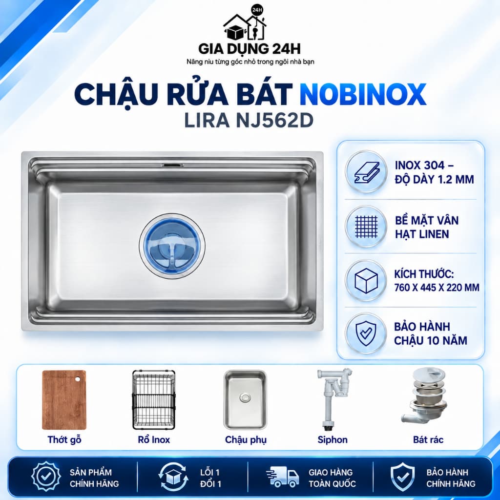 CHẬU RỬA BÁT 1 HỐ NOBINOX LIRA NJ562D | Hàng chính hãng