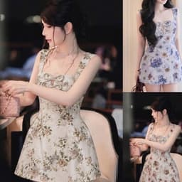 Đầm Hoa Nhí Nữ Dáng Chữ A Cổ Vuông Nơ Ngực Dây Bản To Tôn Dáng Phong Cách Tiểu Thư 2