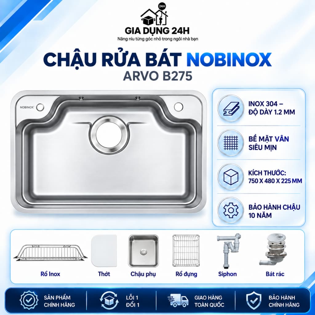 CHẬU RỬA BÁT NOBINOX ARVO B275 | Kích thước 75x48cm