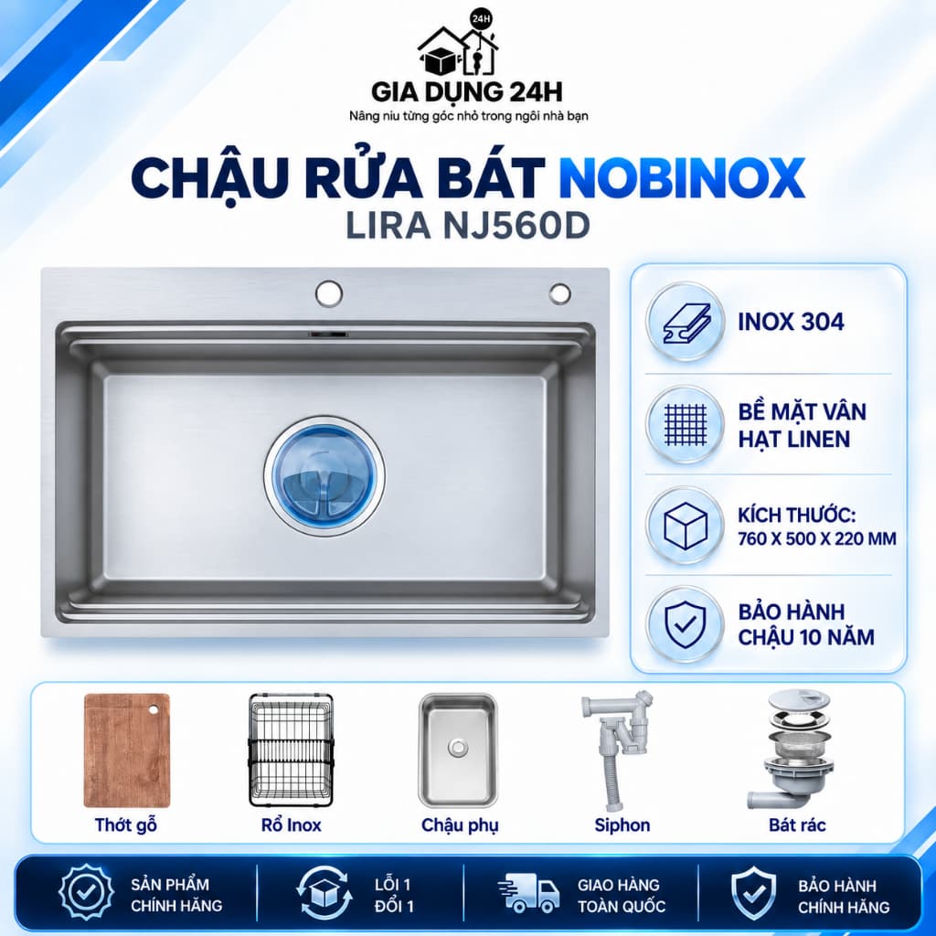 CHẬU RỬA BÁT NOBINOX LIRA NJ560D | Hàng chính hãng | BH 10 NĂM
