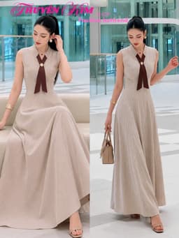 Đầm váy dài, Đầm thiết kế chất Kaki sọc sát nách phối cổ V nơ dáng dài xòe thanh lịch kèm phụ kiện 1