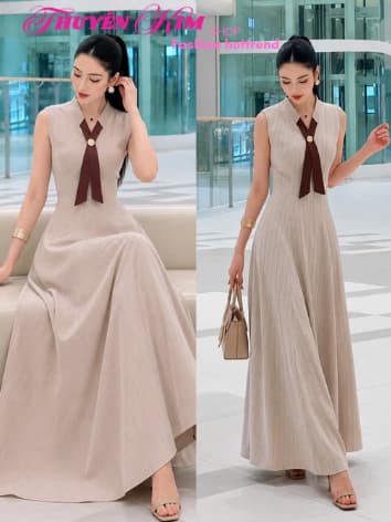 Đầm váy dài, Đầm thiết kế chất Kaki sọc sát nách phối cổ V nơ dáng dài xòe thanh lịch kèm phụ kiện