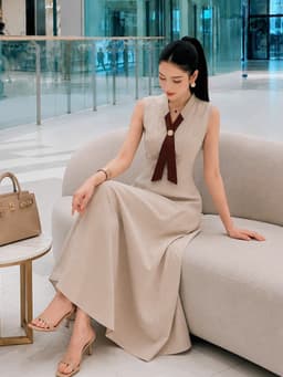 Đầm váy dài, Đầm thiết kế chất Kaki sọc sát nách phối cổ V nơ dáng dài xòe thanh lịch kèm phụ kiện 5