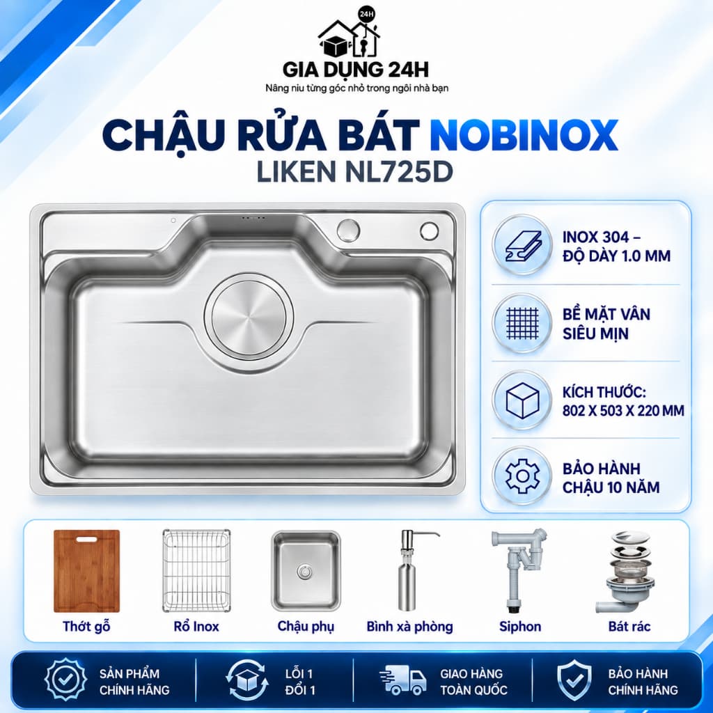 CHẬU RỬA BÁT NOBINOX LIKEN NL725D | KÍCH THƯỚC 80X50cm  | Hàng chính hãng