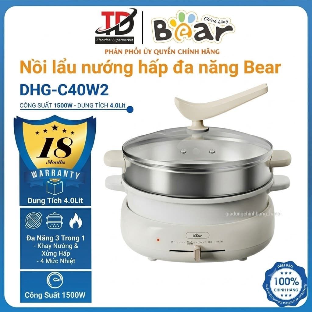 Nồi Lẩu Nướng Hấp Bear DHG-C40W2, 4Lit 3in1 Khay Chống Dính Xửng Hấp 3.5L, Hàng Chính Hãng