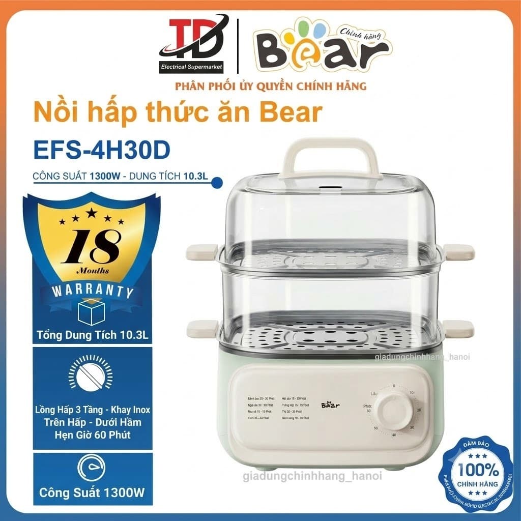 Nồi Hấp Bear EFS-4H30D, 10.3L - 1300W, 3 Tầng Khay Inox Hẹn Giờ 60 Phút Hấp Hầm Đa Năng