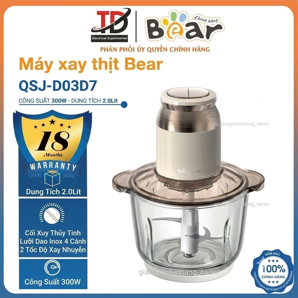 Máy Xay Thực Phẩm Bear QSJ-D03D7, 2Lit - 300W, 4 Lưỡi Dao Inox 2 Tốc Độ Xay Thịt Rau Củ Đa Năng