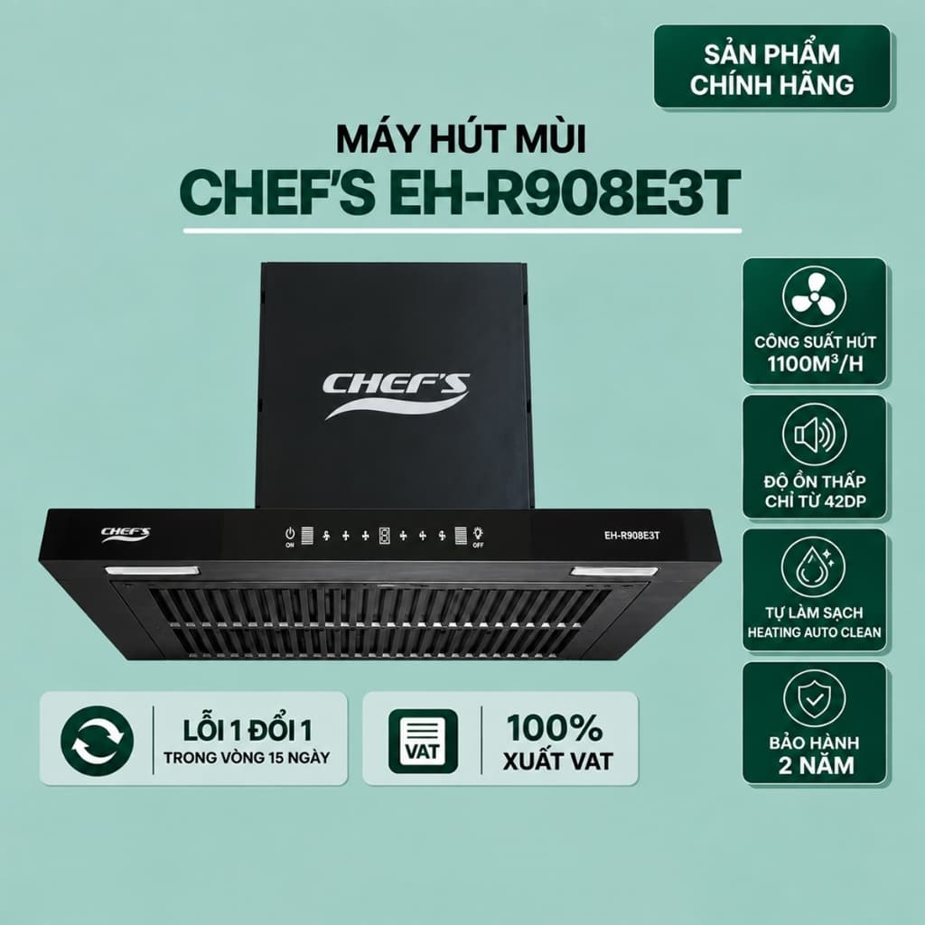Máy hút mùi Chefs EH-R908E3T - công suất hút 1100m3/h, Bảo hành 3 năm, Đổi mới 15 ngày