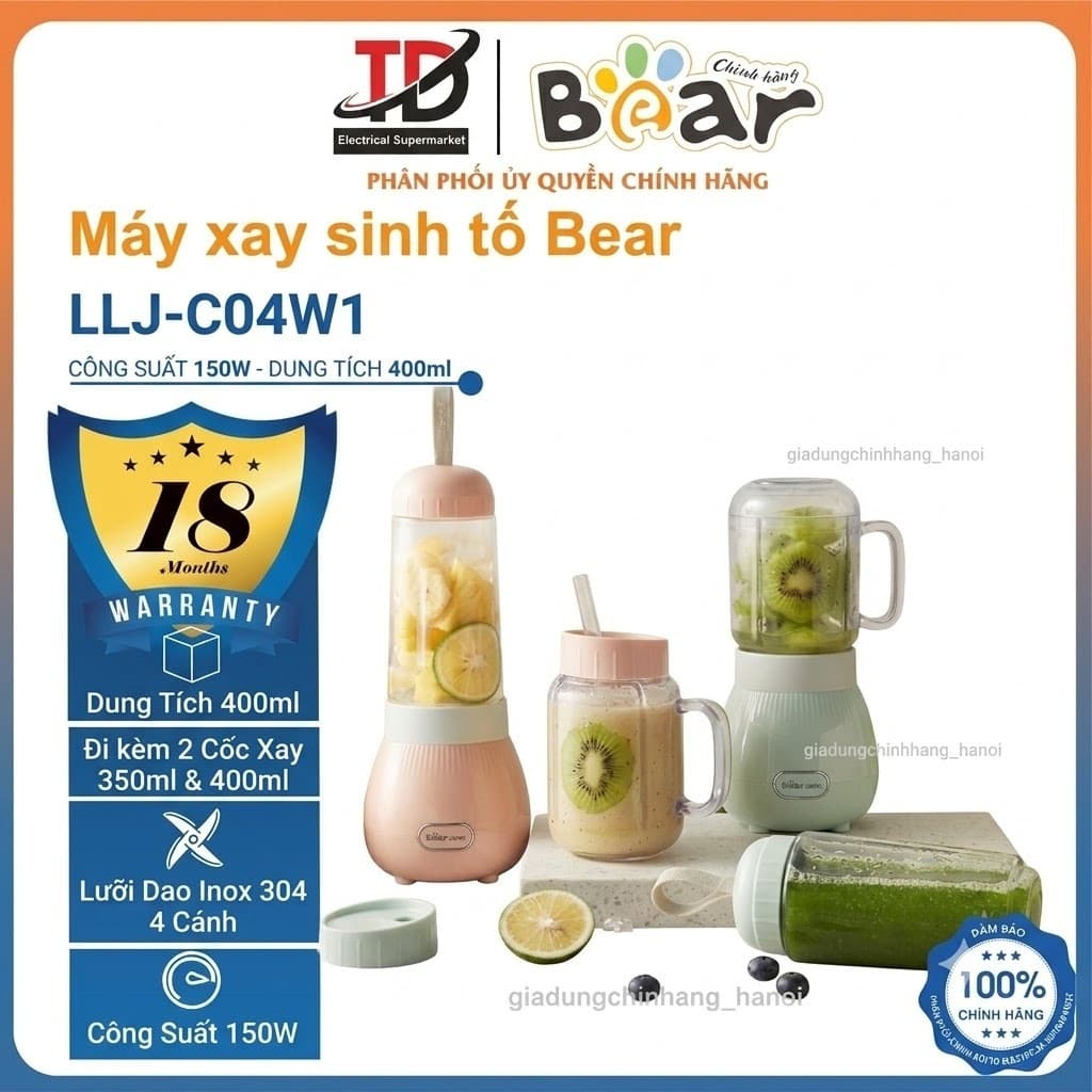 Máy Xay Sinh Tố Bear LLJ-C04W1, Công Suất 150W - 2 Cốc 350ml 400ml Lưỡi Dao Inox 304 Nhỏ Gọn Tiện Lợi